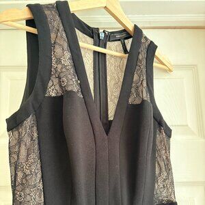 BCBG Maxazria | Black V-neck Jumpsuit with Skintone Lace Detailing | Size 8